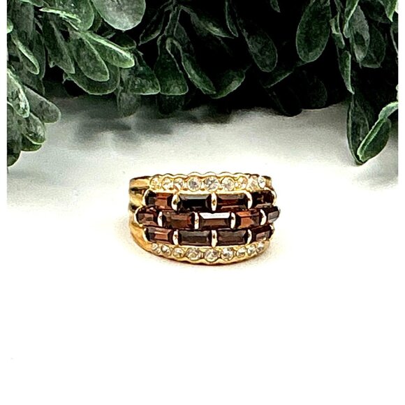 Vintage Style Gold-Tone Band Ring With Brown & Clear Rhinestones - Picture 2 of 8